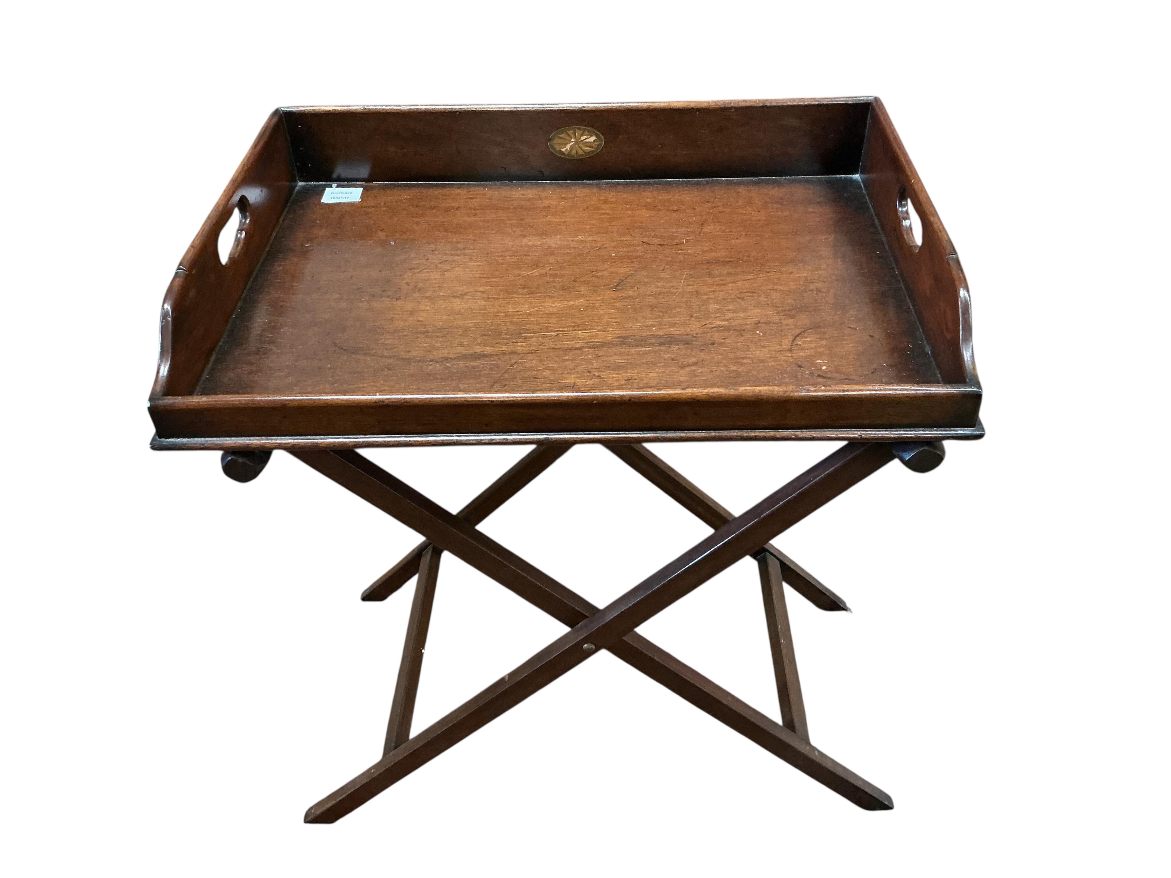 A reproduction inlaid mahogany butler's tray on folding stand, width 66cm, depth 45cm, height 78cm